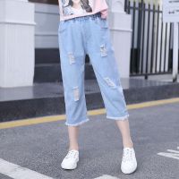 2020新款女童牛仔裤中大童七分裤中小儿童马裤女大童休闲短裤薄款 纯色破洞七分裤K 120 码（身高116左右）