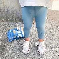 女宝宝打底裤夏季薄款小童奥代尔纯棉打底长裤九分裤防蚊裤子洋气 冰蓝色 80码