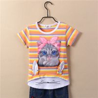 女童短T恤中大童2020夏装新款洋气女孩小学生打底衫上衣宝宝汗衫 橙色条纹贴布猫-短T 110