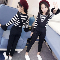 2020童装5女童春秋款洋气公主13岁中大童条纹背带裤两件套潮衣 黑白条纹[背带裤套装] 110码(建议身高105CM身