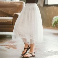 女大童半身裙夏季仙女裙洋气纱裙刺长裙春夏儿童网纱亲子公主裙 压皱白色 110