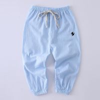 [纯棉 不起球]棉麻男童裤子夏季女童防蚊裤薄款宽松灯笼裤 [纯棉]-绣花款浅蓝 100(建议身高90-100cm