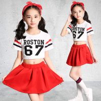 元旦儿童拉拉队演出服装幼儿园舞蹈爵士街舞套装啦啦操表演衣服 白色短袖上衣+红裙子 110