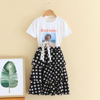 女童短袖半身裙两件套2020夏洋气中小学生印花t恤波点蛋糕裙套装 白色 白色短T+黑色裙子 110 110码适合身高11