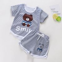 儿童短袖套装纯棉宝宝夏季衣服男童T恤女童短袖0-6岁短裤婴儿夏装 宝蓝色 蓝大条小熊 80 CM