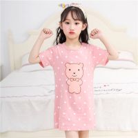 儿童睡衣纯棉女童睡裙夏季薄款短袖连衣裙女孩中大童空调家居服 粉红斑点熊 100码 建议80-90cm