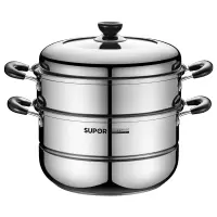 不锈钢色- 26cm蒸锅+送蒸布、碗碟夹 苏泊尔蒸锅家用304不锈钢加厚28cm双层大加高蒸笼燃气电磁炉通用