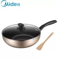 美的(Midea)典雅金麦饭石色涂层不粘炒锅家用炒锅电磁炉煤气灶适用炒菜锅平底锅煎锅增竹铲 香槟金 28CM金色送竹铲