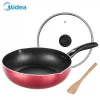 美的(Midea)28cm麦饭石色涂层不粘锅炒锅 厚底少油烟煎炒锅 燃气电磁炉通用 28CM酒红色款