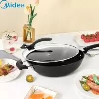 美的(Midea)典雅金麦饭石色涂层不粘炒锅家用炒锅电磁炉煤气灶适用炒菜锅平底锅煎锅增竹铲 香槟金 32CM黑色