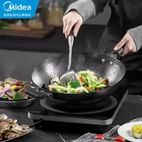 美的(Midea)铁锅晶盾钻纹理精铁爆炒锅健康无涂层燃气电磁炉通用炒菜锅 32㎝口径 高拱可立锅盖