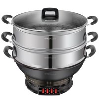 荣事达电炒锅家用多功能蒸煮一体式电热锅铸铁不粘锅大功率炒菜锅 6升双笼1