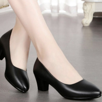 述雅四季单鞋粗跟圆头中跟女鞋方根浅口黑色皮鞋女士工作鞋套脚女单鞋