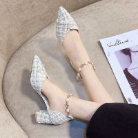 述雅粗高跟小水钻尖头浅口鞋珍珠仙女鞋单鞋2021四季可穿甜美公主鞋潮