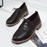 述雅英伦新款女鞋车缝线磨砂质感休闲小皮鞋系带低帮单鞋黑棕色