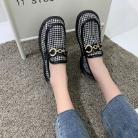 述雅英伦风小皮鞋女软皮2021春季新款千鸟格软底韩版百搭金属扣乐福鞋