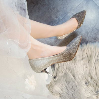 述雅述雅2020年春季新款高跟鞋细跟尖头水晶鞋新娘鞋婚纱单鞋百搭女鞋夏款