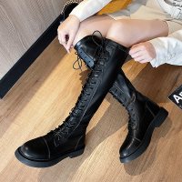 伊努特长靴女2021年秋新款小个子平底高筒粗腿显瘦胖mm长筒皮靴ins潮