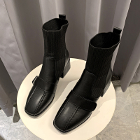 桔宿切尔西短靴女2021新款粗跟网红瘦瘦靴子女秋季马丁靴女冬加绒袜靴