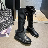 桔宿不过膝靴子女长筒靴粗腿2021年春秋新款白色粗跟瘦瘦骑士靴小个子