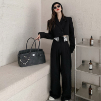 春季大码胖妹妹显瘦套装女炸街气质黑色短款西装阔腿裤两件套洋气