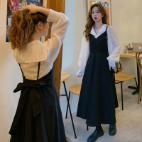 大码胖mm法式连衣裙套装2021新款春装黑色吊带裙女洋气减龄两件套