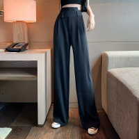 大码胖mm裤子显瘦阔腿裤女高腰垂感西装裤宽松直筒雪纺拖地长裤