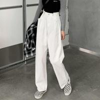 2021春季新款白色宽松直筒垂感泫雅老爹拖地阔腿高腰牛仔裤女卷边