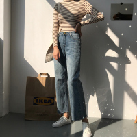 chic撕边水洗阔腿牛仔裤2021新款韩版高腰宽松显瘦直筒裤女九分裤