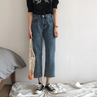 韩版复古风简约chic春季女装百搭显瘦九分阔腿裤学生牛仔裤女宽松