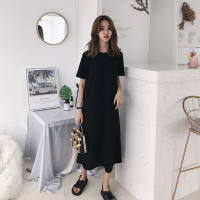 T恤裙女韩版简约纯色宽松短袖连衣裙春夏款学生裙子chic百搭长裙
