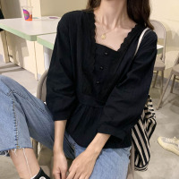 2021春夏新款显瘦方领衬衣女束腰气质白衬衫洋气百搭打底衫上衣潮