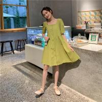 大码女装百搭短袖显瘦牛油果绿连衣裙胖妹妹仙女超仙甜美A字裙潮
