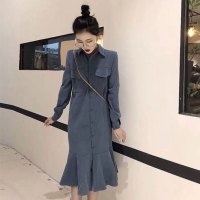 春季胖妹妹法式复古鱼尾裙2020新款大码显瘦气质桔梗轻熟风连衣裙