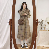 春季2021新款大码女装学院风POLO领复古格子胖妹妹显瘦遮肉连衣裙