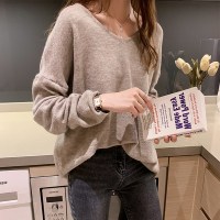 针织衫2021新款女春秋显瘦V领上衣大码女装胖妹妹纯色外穿毛衣潮