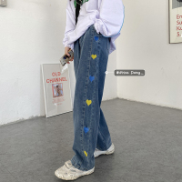 爱心刺绣牛仔裤女春秋2021年新款裤子显瘦宽松阔腿裤高腰直筒长裤