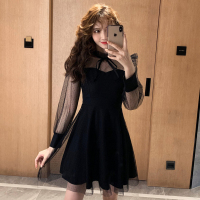 复古收腰显瘦黑色A字裙春夏2021年新款气质网纱拼接连衣裙打底裙