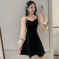 春夏2021年新款小礼服气质网纱拼接钉珠修身显瘦连衣裙法式桔梗裙