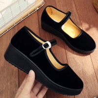 娜瑟微老北京布鞋工作单鞋女平底坡跟松糕一字带酒店上班礼仪舞蹈黑布鞋