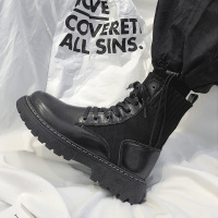 青少年ins港风黑色高帮皮靴2021新款男鞋潮流百搭机车工装马丁靴