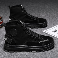 春季男鞋韩版潮流高帮帆布鞋男2021新款百搭休闲黑色马丁潮鞋板鞋