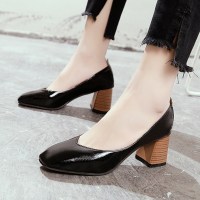 2021春款粗跟浅口奶奶鞋复古方头工作鞋女舒适单鞋软皮高跟女鞋夏