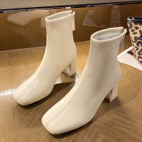 娜瑟薇法式复古瘦瘦靴2021新款百搭粗跟方头白色短靴高跟后拉链马丁靴女