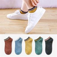 袜子女薄款全棉纯棉船袜夏季女士夏天透气可爱日系短袜ins潮 黑色+姜黄+焦糖+墨绿+湖蓝 5双条纹袜口女士短袜