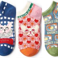 春夏季袜子女ins潮袜浅口船袜可爱法国猫咪复古男女短袜舒适透气 蓝猫+粉猫+绿电视