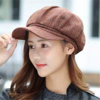 帽子女新款八角帽英伦复古格子鸭舌帽潮韩版蓓蕾帽百搭日系画家帽 [条纹格纹]--铁锈红 [可调节54-58CM]