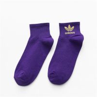 夏季短筒袜子女ins潮棉袜网红j经典三叶草糖果彩色Ad跑步运动短袜 紫色1双 均码(建议35-40码)