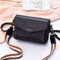 小包包女2021新款流行时尚洋气ck宽带小方包百搭单肩斜挎包 黑色亮片[送两根背带]