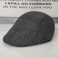 雪花格纹鸭舌帽男冬季街头百搭前进帽毛呢夹色春秋复古贝雷帽女潮 深灰 成人松紧(56-57cm)